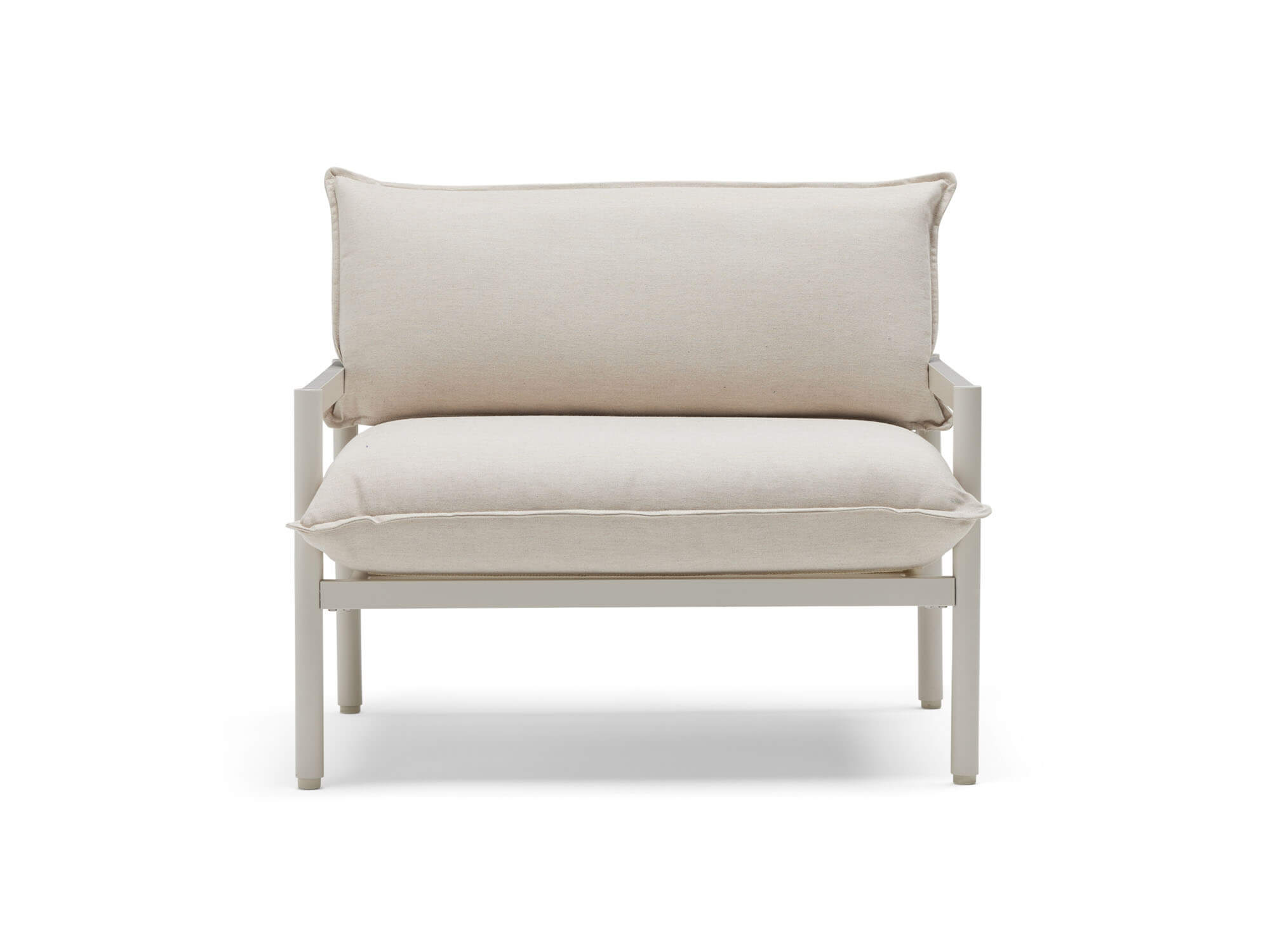 Front view of outdoor chair with white cushions and metal legs